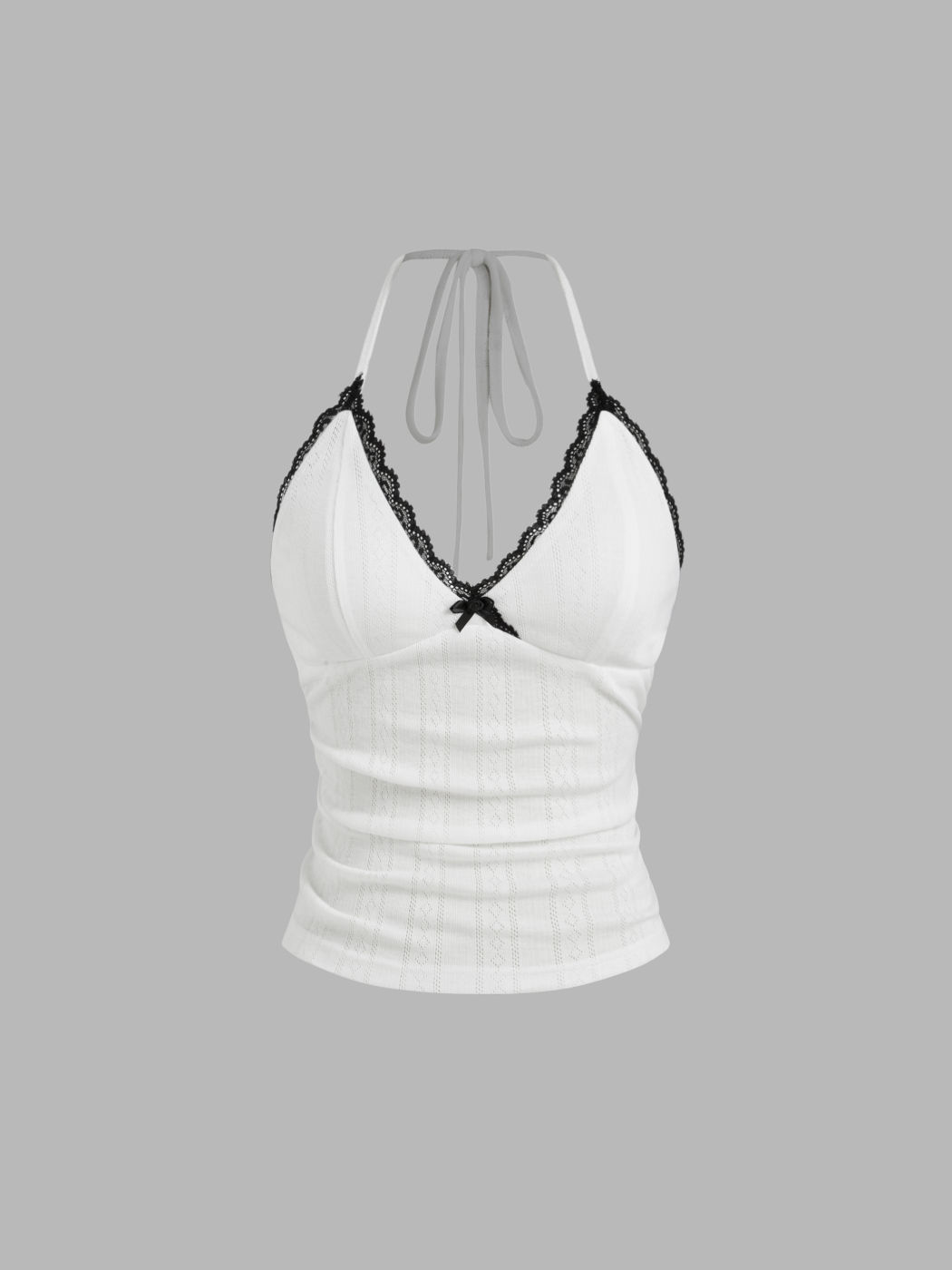 V-neck Bowknot Ruched Lace Trim Halter Top & Mid Rise Wide Leg Trousers Loungewear Set