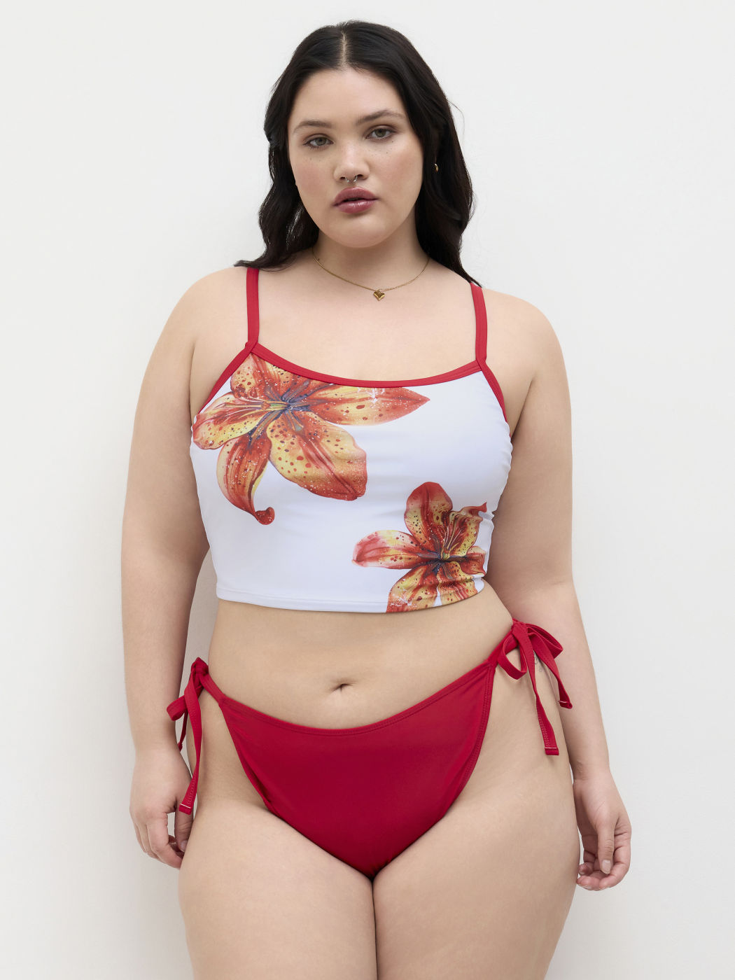 Quadratischer Hals Floral Kontrastbinder Tankini Bikini-Set mit Seidenbändern Kurve & Plus