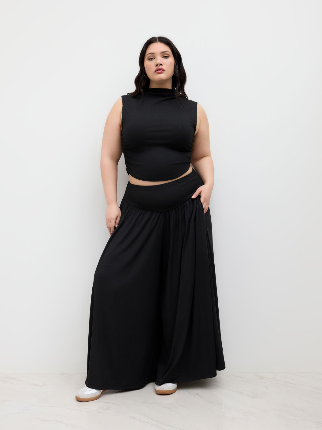 High Neck Ruched Tank Top & Mid Rise Wide Leg Trousers Set Curve & Plus