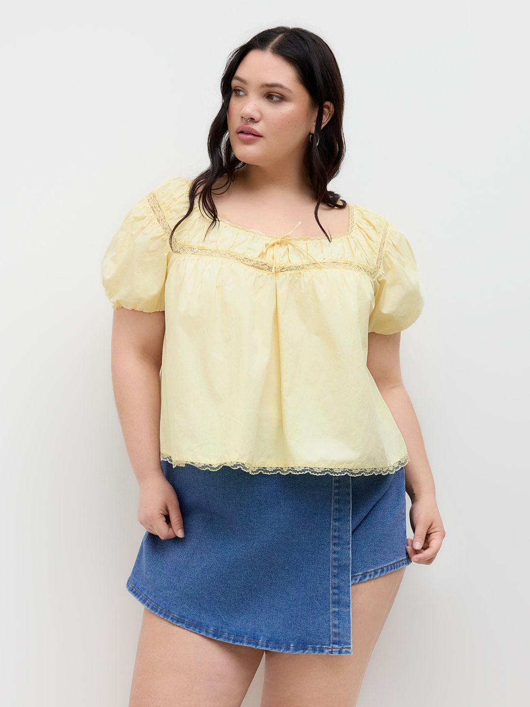 100% Baumwolle Schleifenknopf Spitzenrand Puffärmel Bluse Kurve & Plus