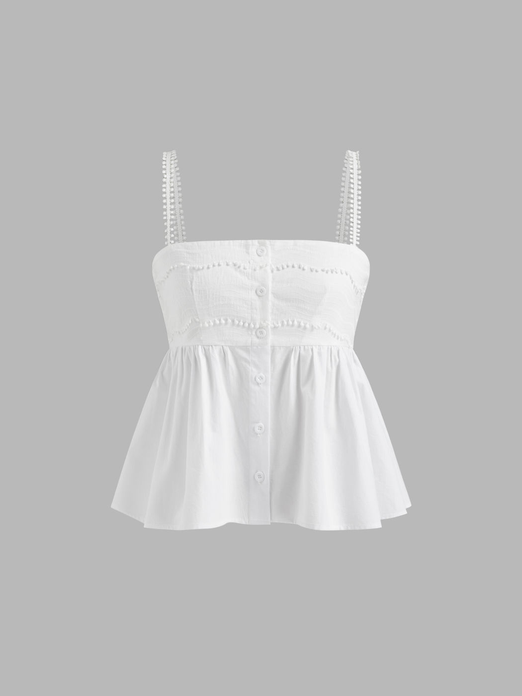 100% Cotton Square Neck Button Through Ruffle Hem Top