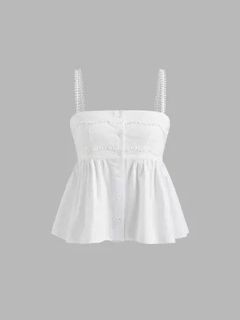 100% Cotton Square Neck Button Through Ruffle Hem Top