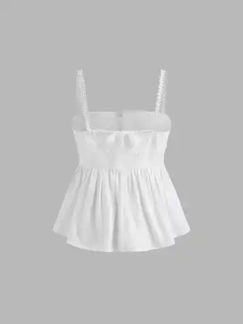 100% Cotton Square Neck Button Through Ruffle Hem Top