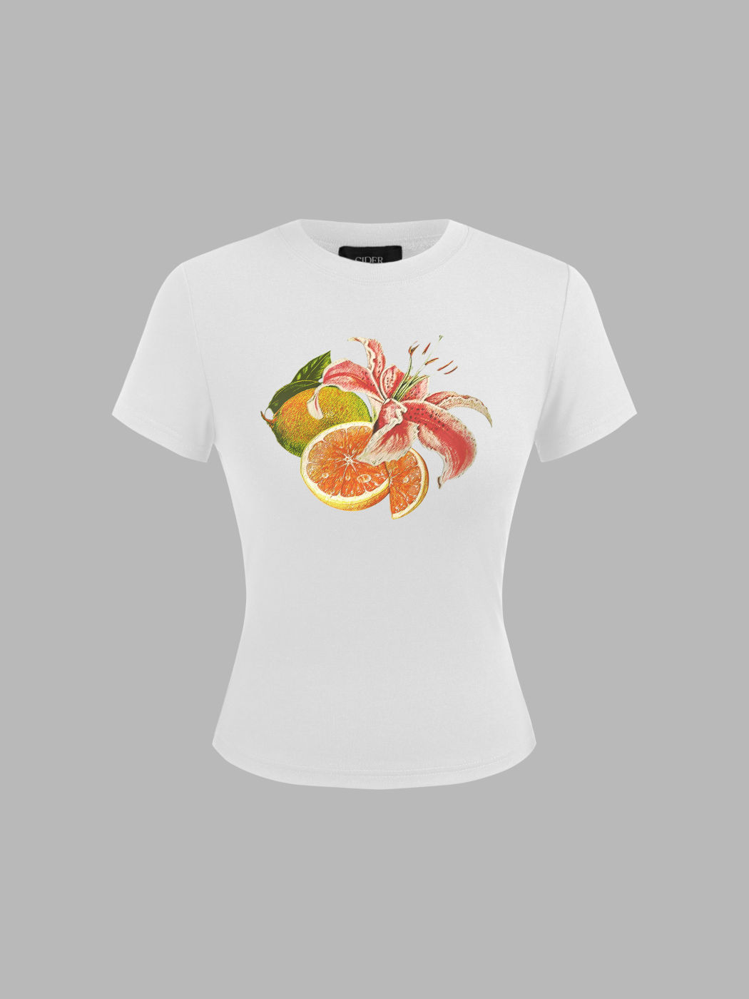 Round Neckline Fruit & Flower Graphic Crop Tee