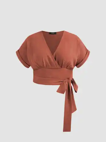 Leinen-Mischung V-Ausschnitt Wrap Knopfleiste Roll-up Ärmel Crop Bluse Kurve & Plus