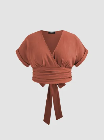 Leinen-Mischung V-Ausschnitt Wrap Knopfleiste Roll-up Ärmel Crop Bluse Kurve & Plus