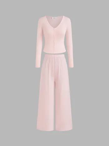 Long Sleeve Button Top & Middle Waist Trousers Loungewear Set