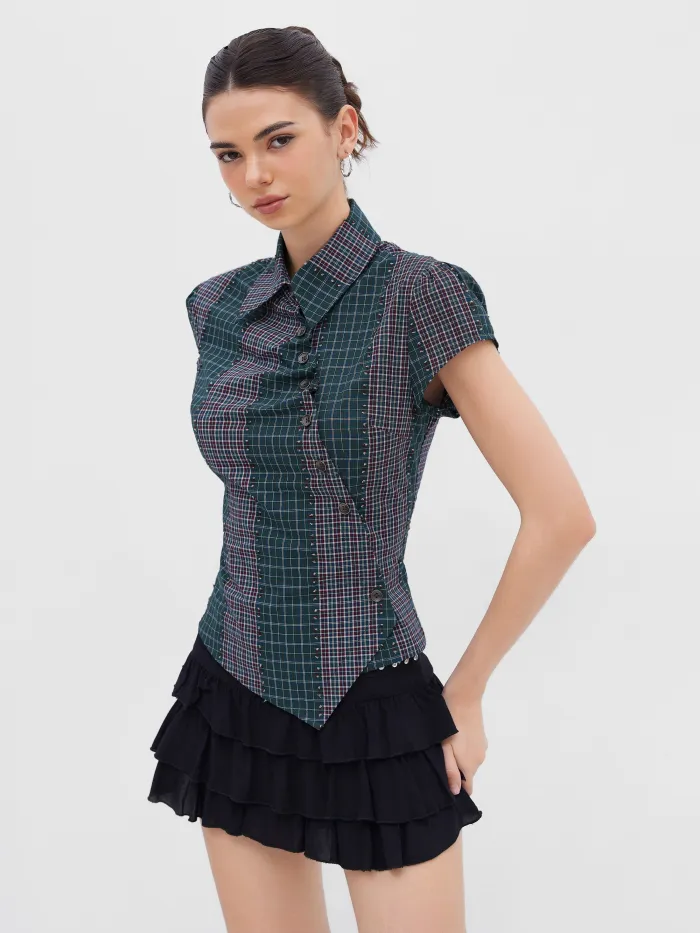 Asymmetrical Neck Ruched Lettuce Trim Tee