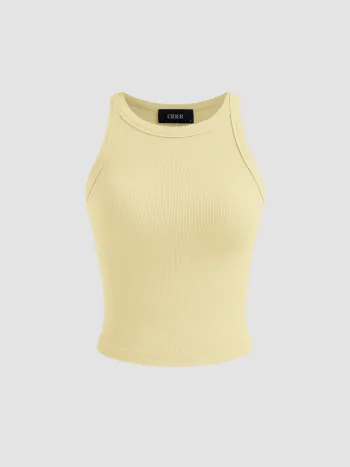 Cotton-blend Round Neckline Solid Tank Top