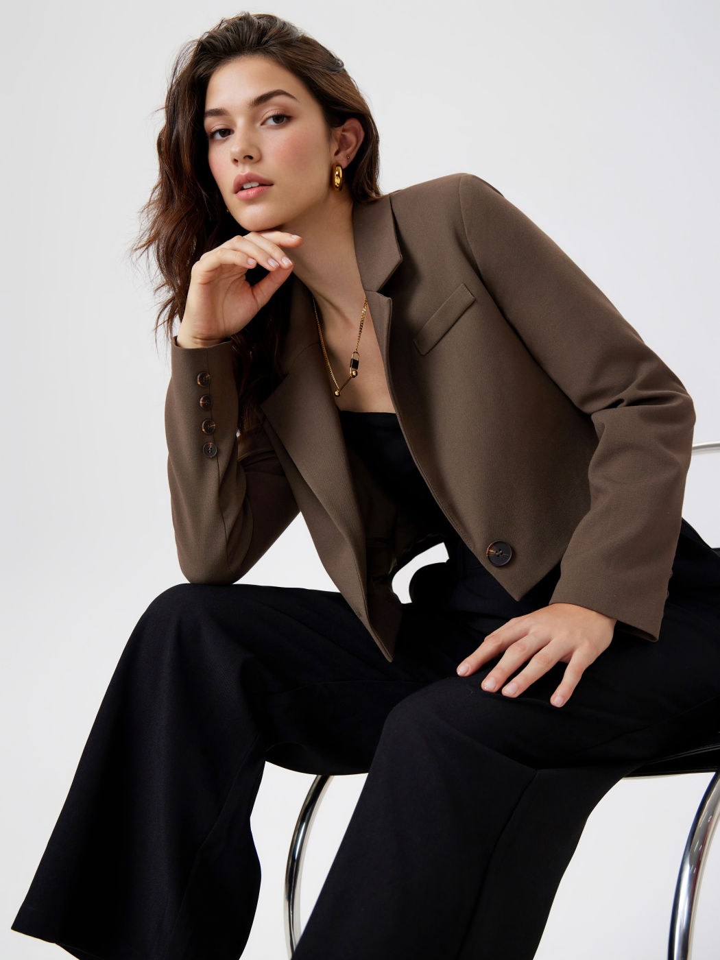 Kragen Solid Knopf Crop Blazer