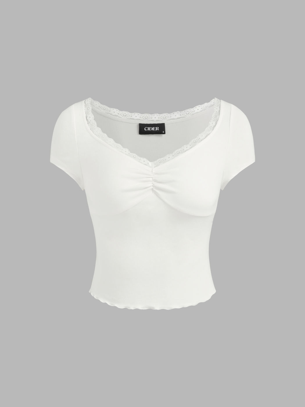 V-neck Lace Lettuce Trim Short Sleeve Tee