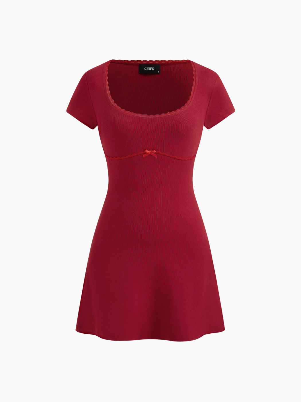 Cotton-blend U-neckline Lace Trim Bowknot Mini Dress