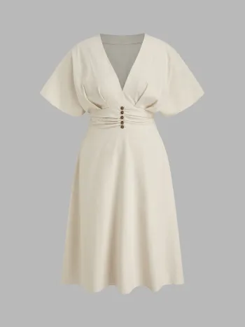 Linen-blend V-neck Ruffle Ruched Midi Dress Curve & Plus