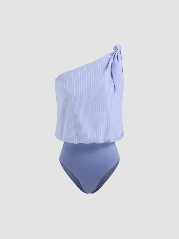 Cotton-blend Asymmetrical Neck Stripe Knotted Shirt Bodysuit