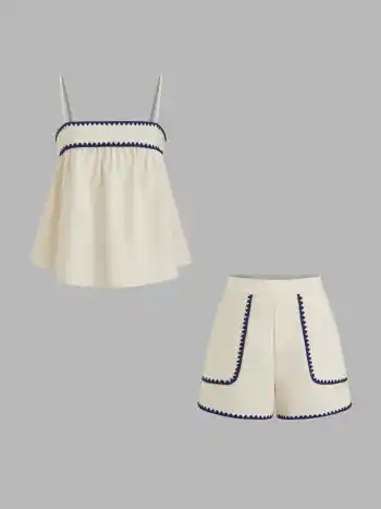Oversize Cami-Top & Mittelhohe Shorts-Set aus Leinenmischung mit Kontrastbesatz