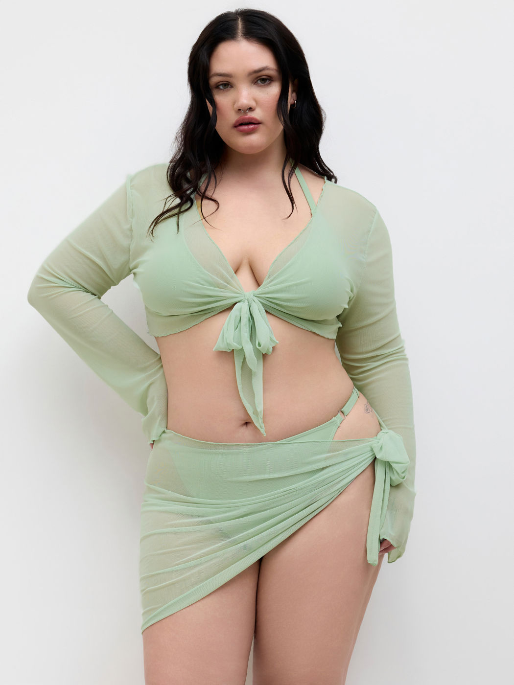 V-neck Knotted Halter Cheeky Bikini Set With Mesh Cover Up Set Curve & Plus