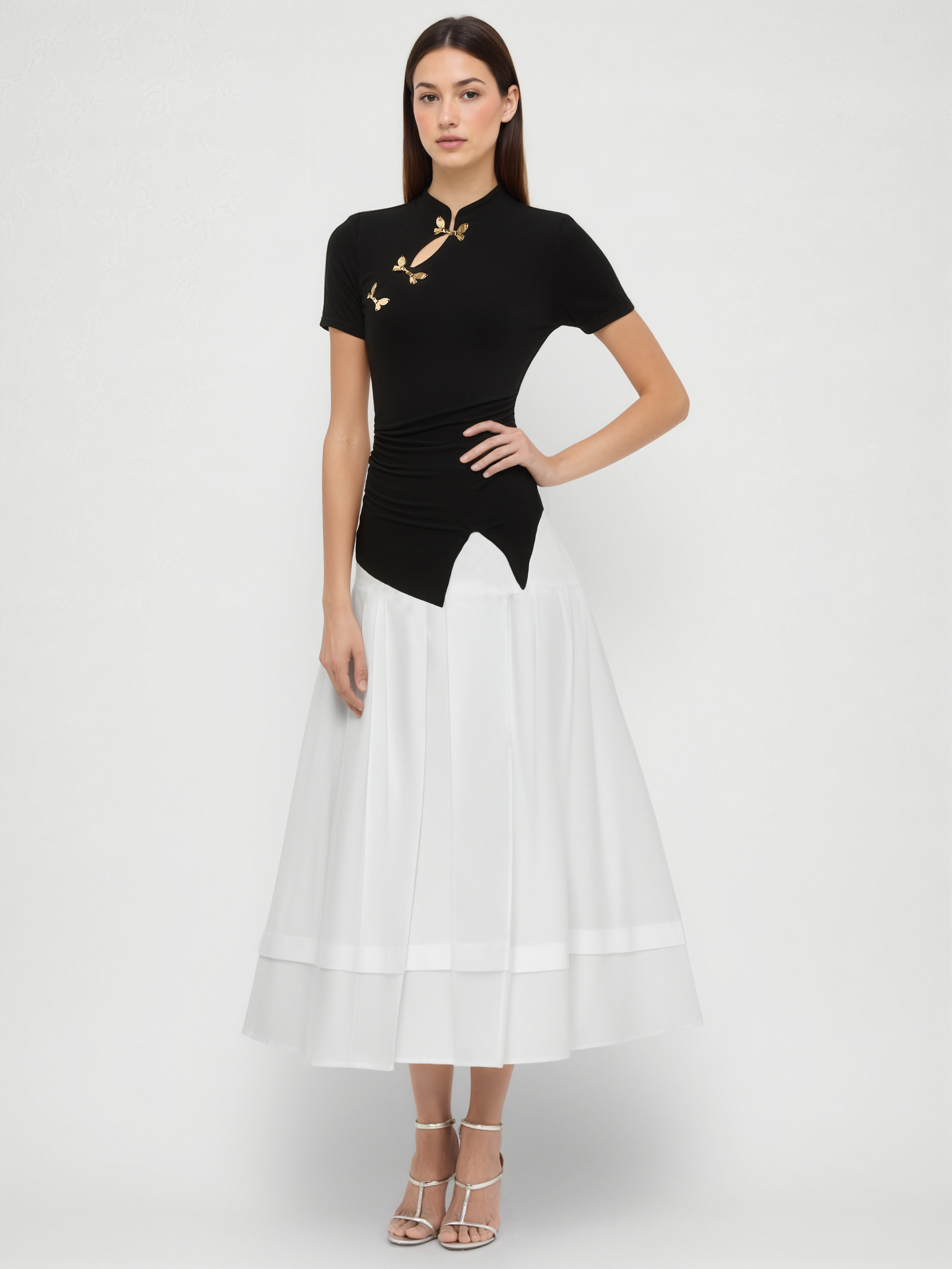 トップス mandarin Jersey Mandarin Collar Ruched Split Top For Date