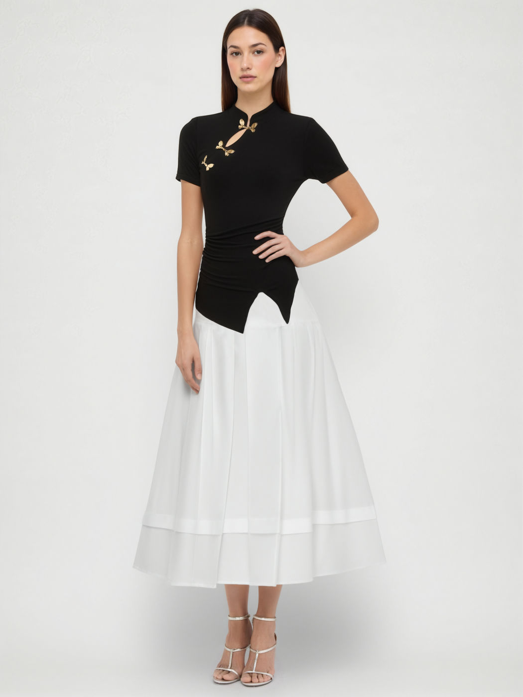 Mandarin Collar Ruched Split Top