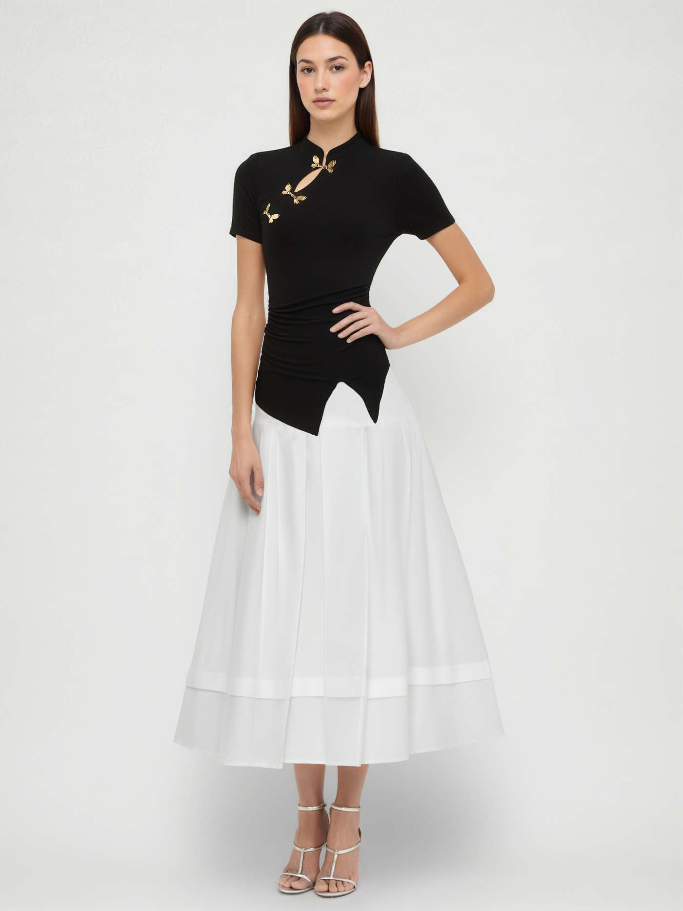 Mandarin Collar Ruched Split Top