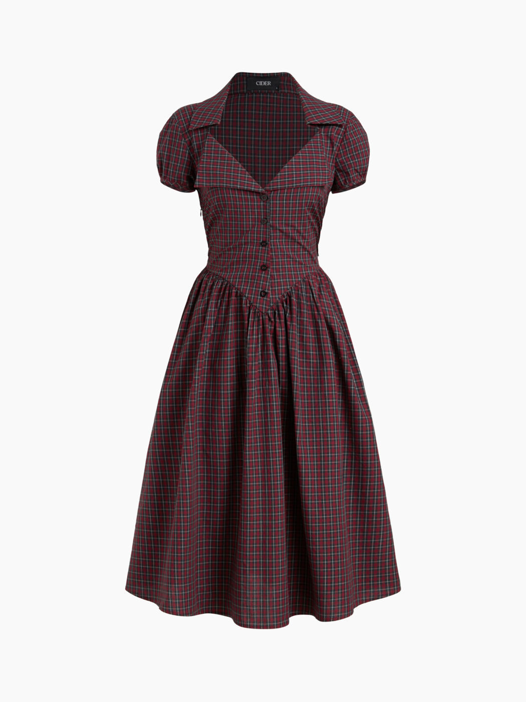 100% Cotton Sweetheart Puff Sleeve Plaid Buckle Midi Dress