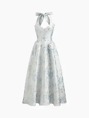 Boat Neck Floral Embroidery Bowknot Mini Dress