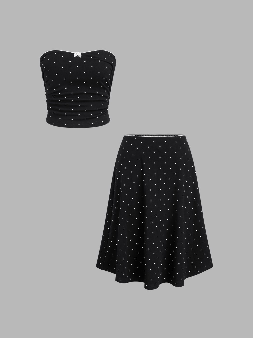 Baumwollmischung Polkadot Schleifenbandeau Oberteil & Low-Rise Midi Rock