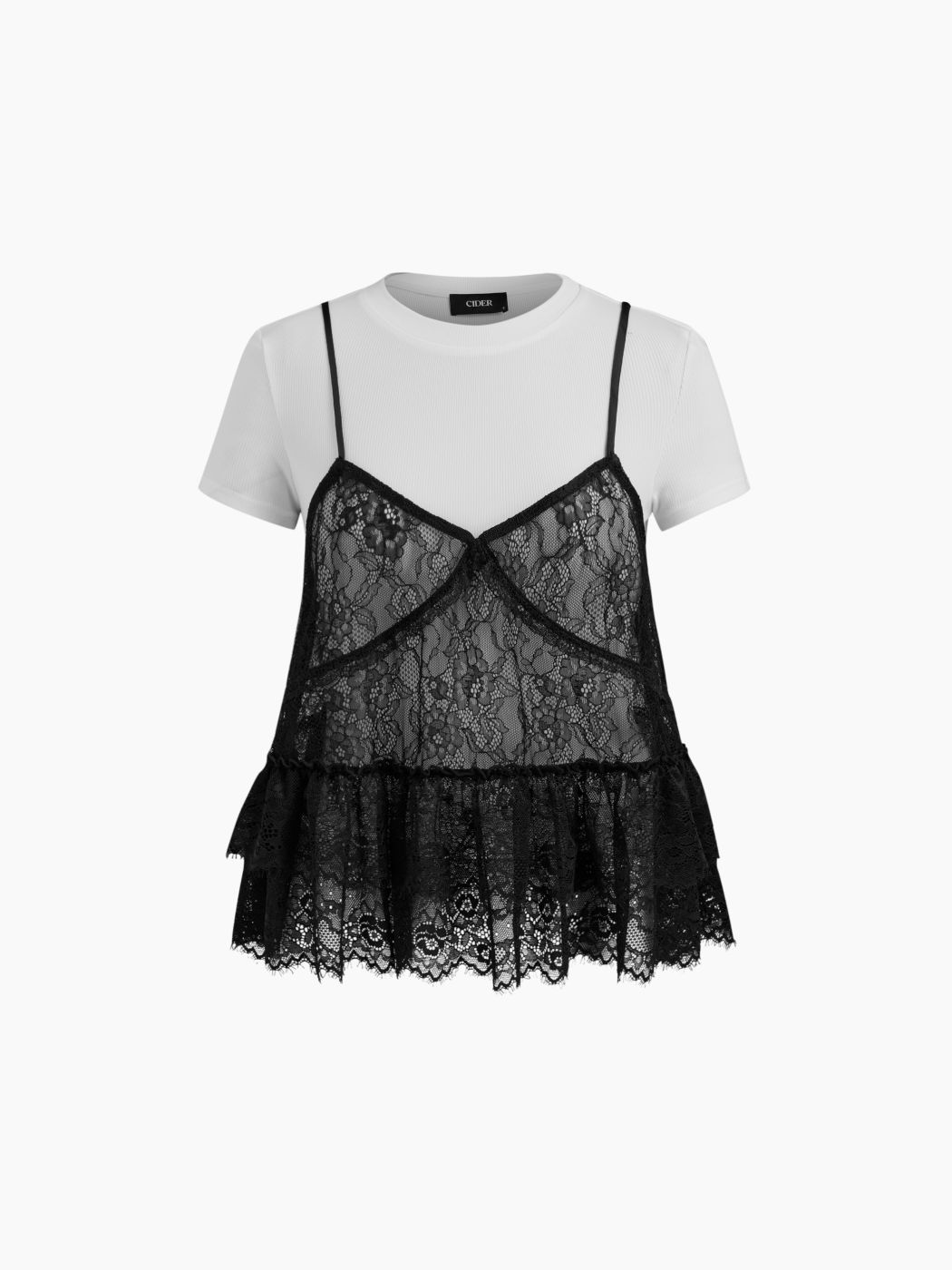 Zwei - Stückiges Spitzen - geschichtetes Camisole - Oberteil und T - Shirt mit runder Halsöffnung