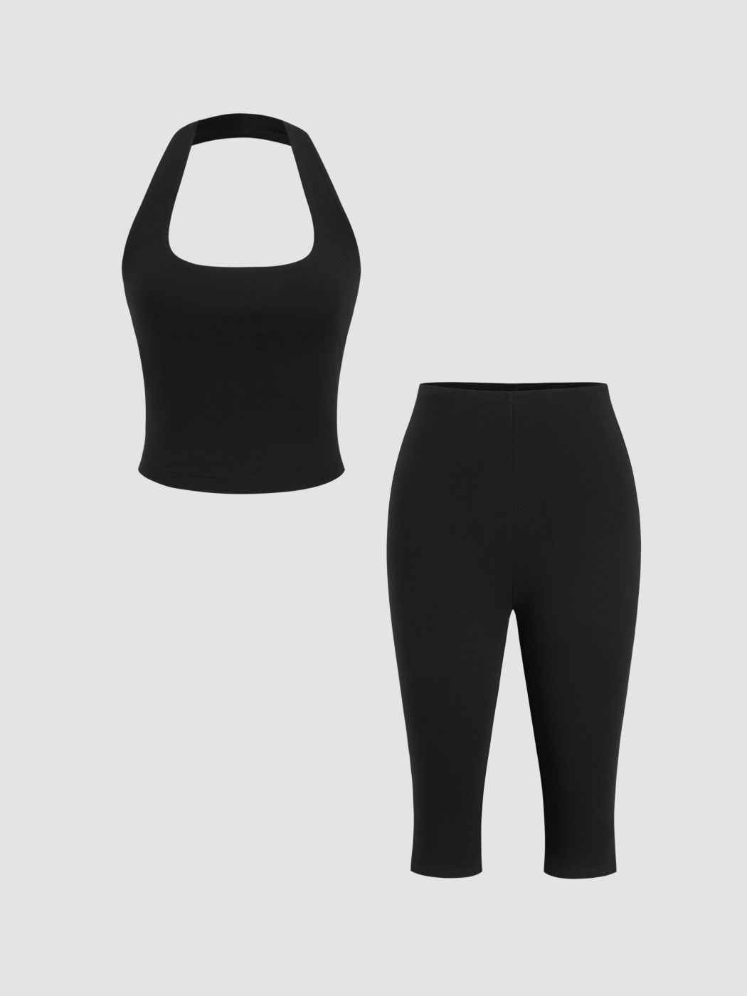 Cotton-blend U-neckline Halter Top & Mid Rise Capri Leggings Set