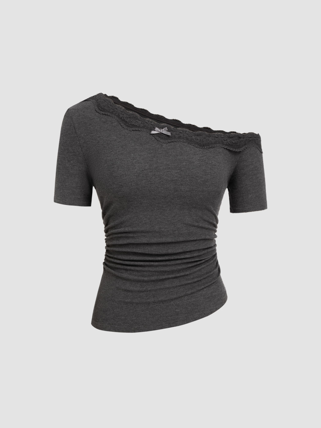 Asymmetrical Neck Bowknot Lace Trim Ruched Top