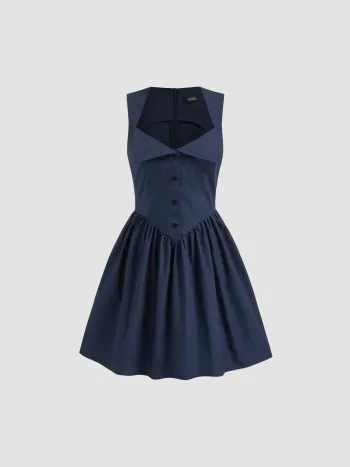 100% Cotton V-neck Button Ruffle Mini Dress