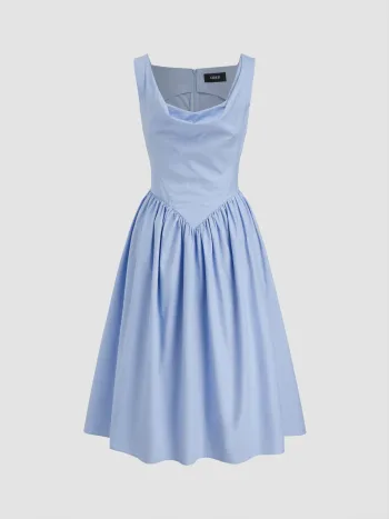 100% Cotton Cowl Neck Ruffle Zipper Midi Dress