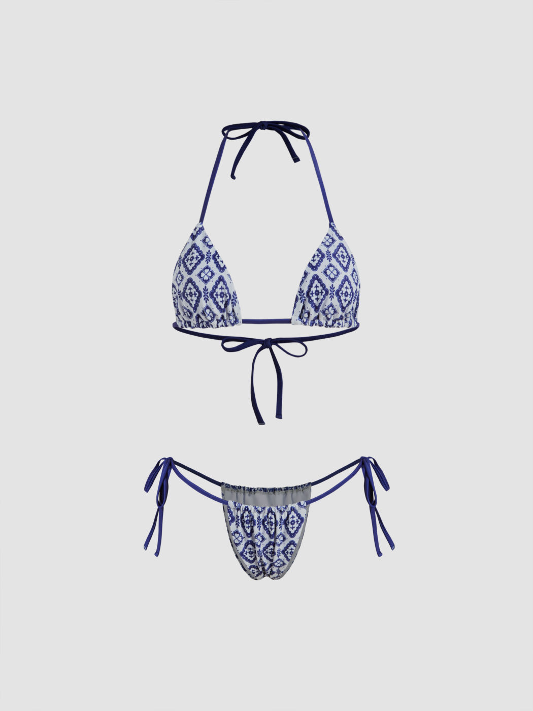 Set bikini a triangolo con nodo laterale, scollo all'americana, motivo geometrico floreale