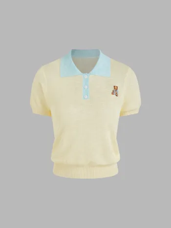 Knit Polo Bear Embroidery Short Sleeve Top