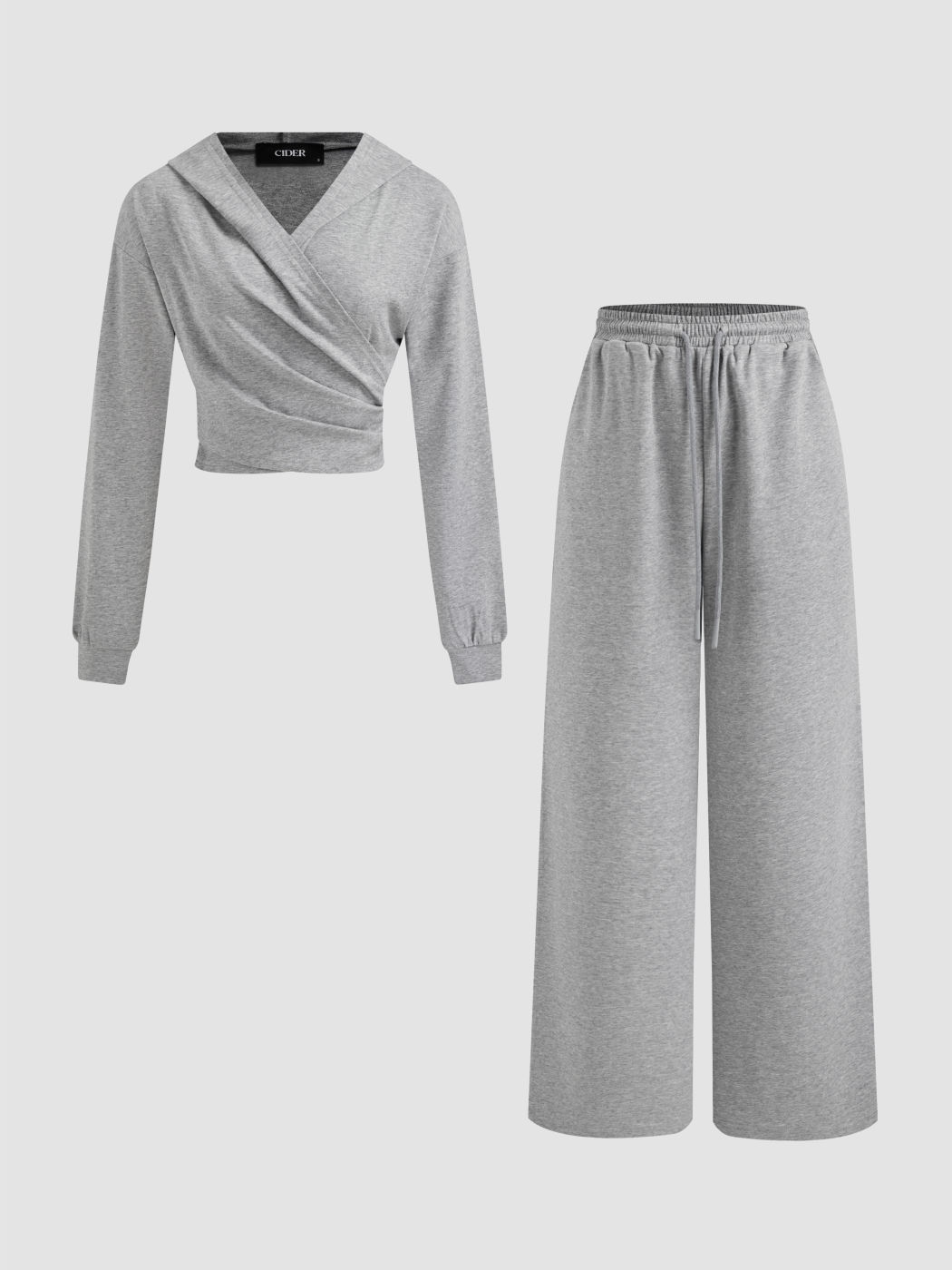 Cotton-blend Solid Ruched Hoodie & Mid Rise Elastic Waist Knotted Straight Leg Trousers Set