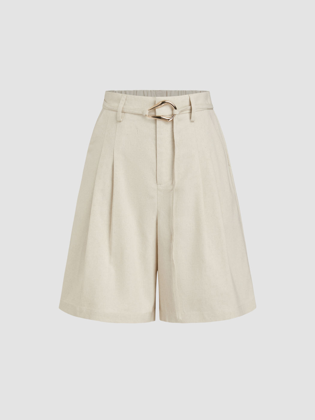 Linen-blend Mid Rise Elastic Waist Pleated Buckle Shorts
