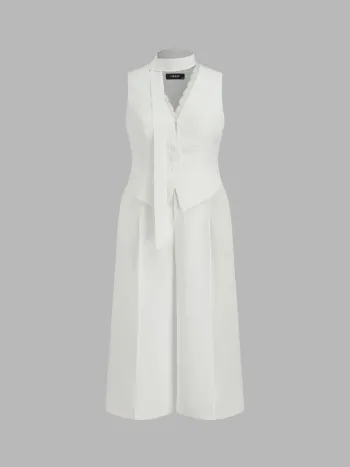 Woven Boat Neck Solid Button Vest Curve & Plus