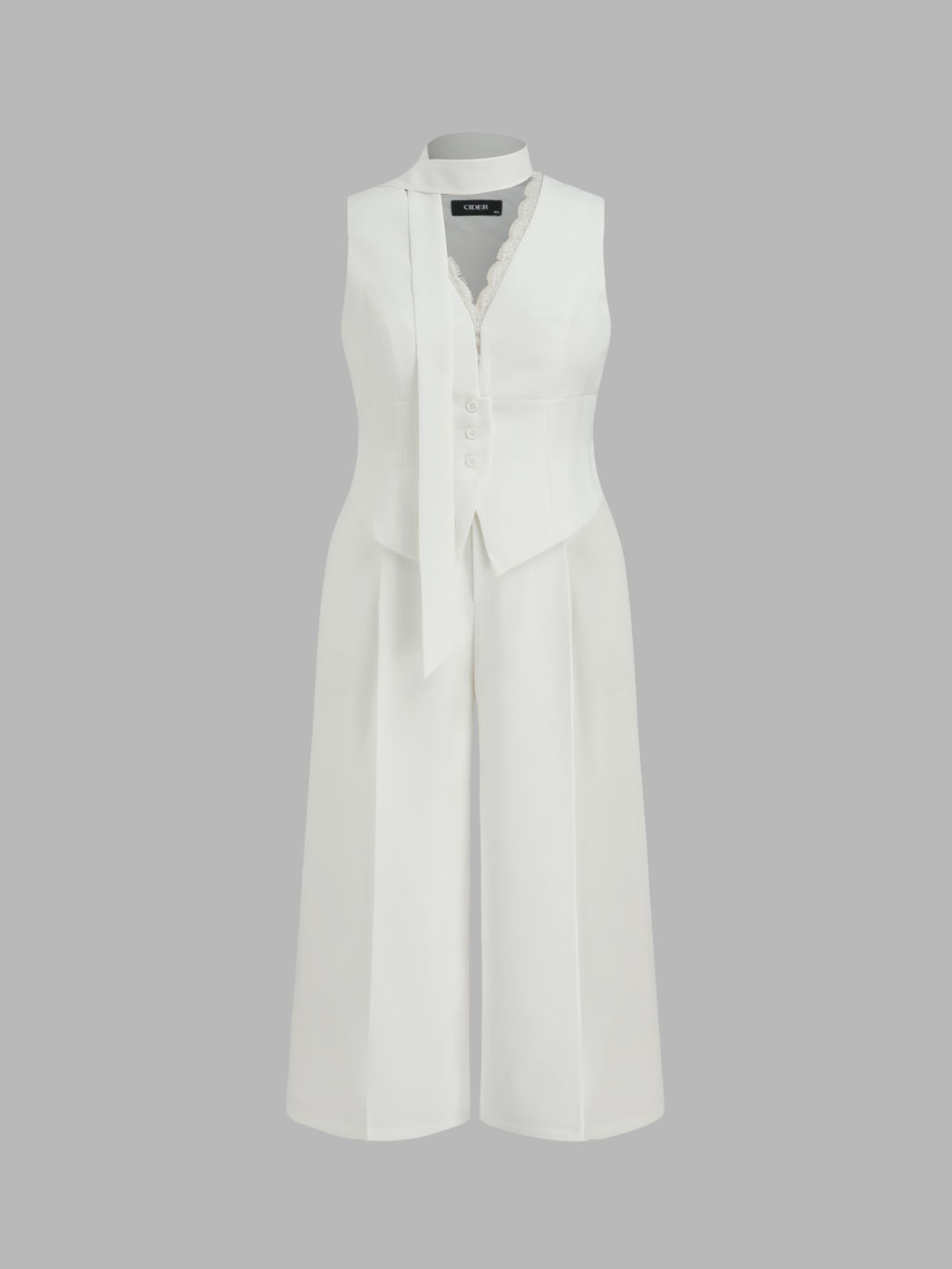 V-neck Lace Trim Wide Leg Jumpsuit With Scarf Curve & Plus