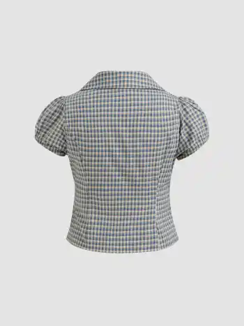 100% Cotton V-neck Check Short Sleeve Blouse Curve & Plus