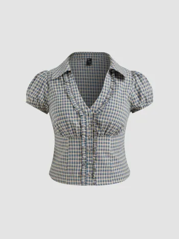 100% Cotton V-neck Check Short Sleeve Blouse Curve & Plus