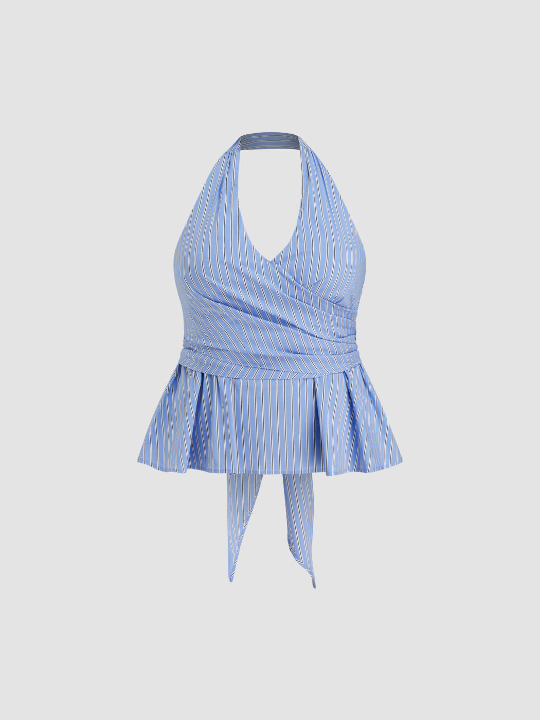 Cotton-blend Halter Neckline Stripe Bowknot Ruffle Hem Top Curve & Plus