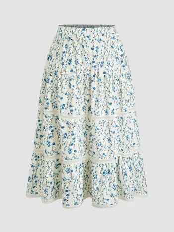 Mittlerer Bund, Blumenmuster, Spitzenrand Maxi-Skirt Kurve & Plus