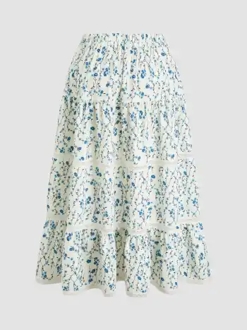 Mittlerer Bund, Blumenmuster, Spitzenrand Maxi-Skirt Kurve & Plus