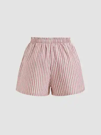 100% Cotton Mid Rise Stripe Drawstring Elastic Waist Shorts Curve & Plus