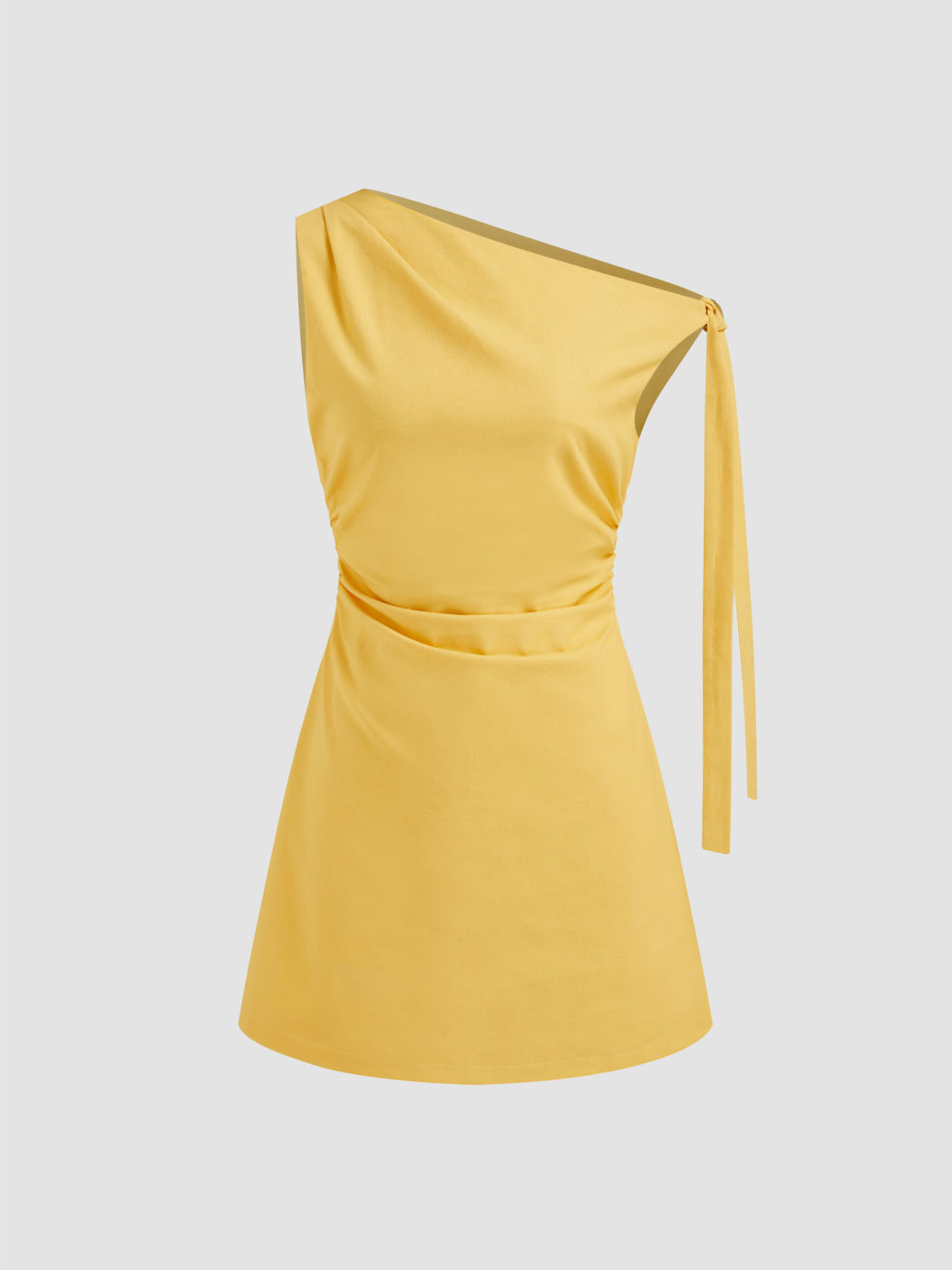 Linen-blend Asymmetrical Neck Ruched Mini Dress