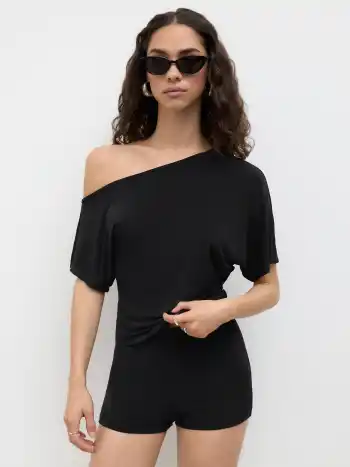 CDR Asymmetrical Neck Ruched Top & Mid Rise Micro Shorts Set