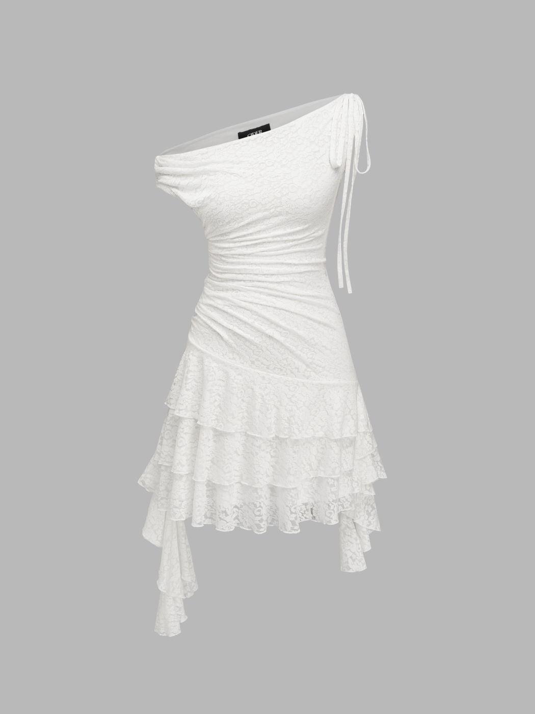 Lace Asymmetrical Neck Ruffle Ruched Knotted Mini Dress