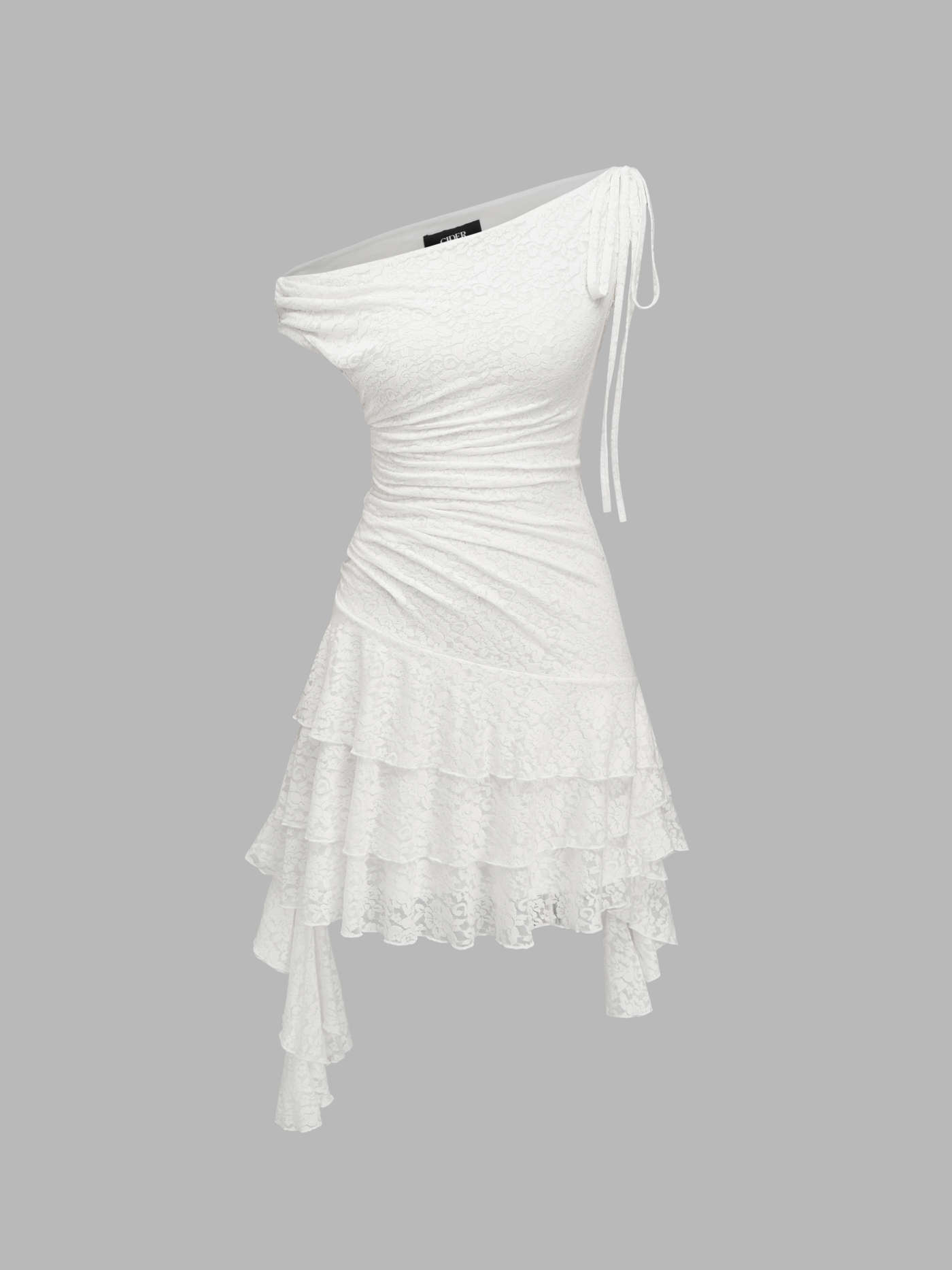 Lace Asymmetrical Neck Ruffle Ruched Knotted Mini Dress