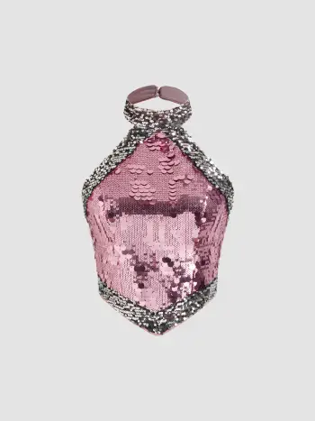 Canotta corta con scollo all'americana e rilegatura a contrasto con paillettes