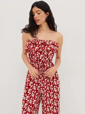 Bandeau Blumen-Raffelsaum Breitbeiniger Overalls
