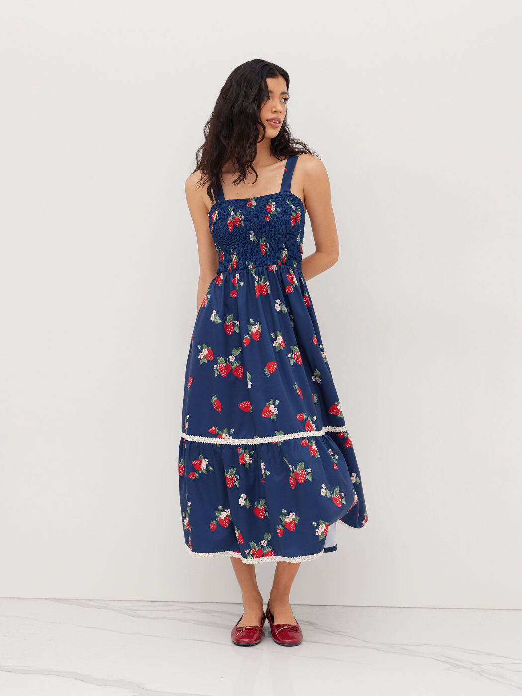 Square Neck Strawberry Shirred Tiered Maxi Dress